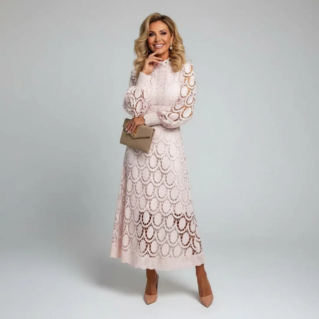 Ava | Wedding Guest Dress Cocktail Midi Party Lace Long Sleeve High Neck Fitted Scalloped