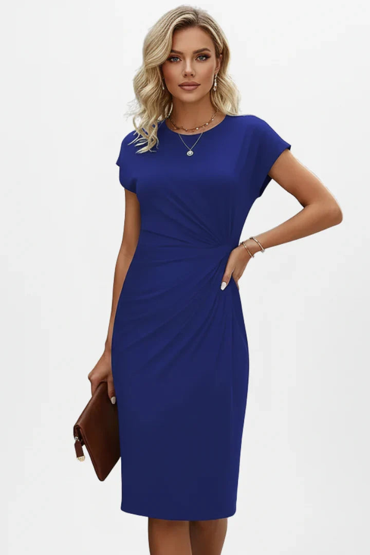 Fiona | Wedding Guest Dress Cocktail Midi Ruched Sheath Bodycon Cap Sleeve Round Neck Fitted