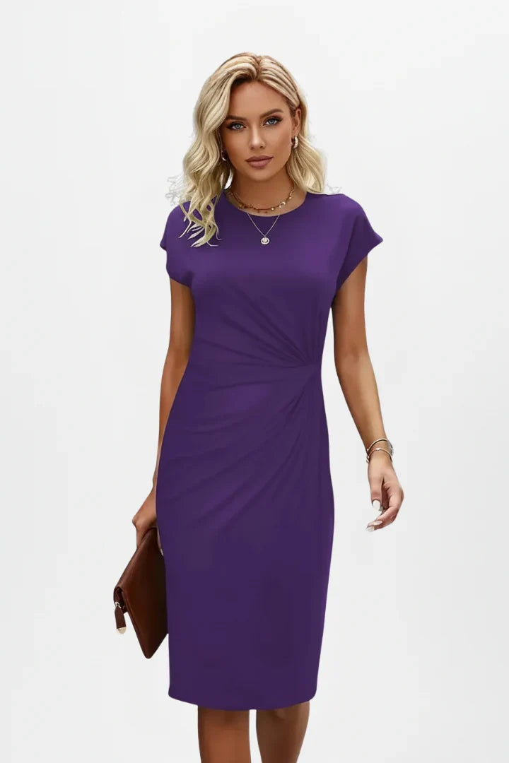 Fiona | Wedding Guest Dress Cocktail Midi Ruched Sheath Bodycon Cap Sleeve Round Neck Fitted