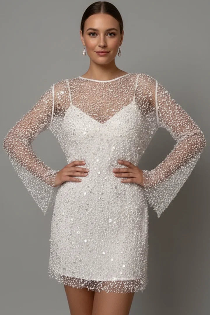 Nadia | Wedding Guest Dress Cocktail Mini Party Long Sleeve Mesh Overlay Sheer Round Neck