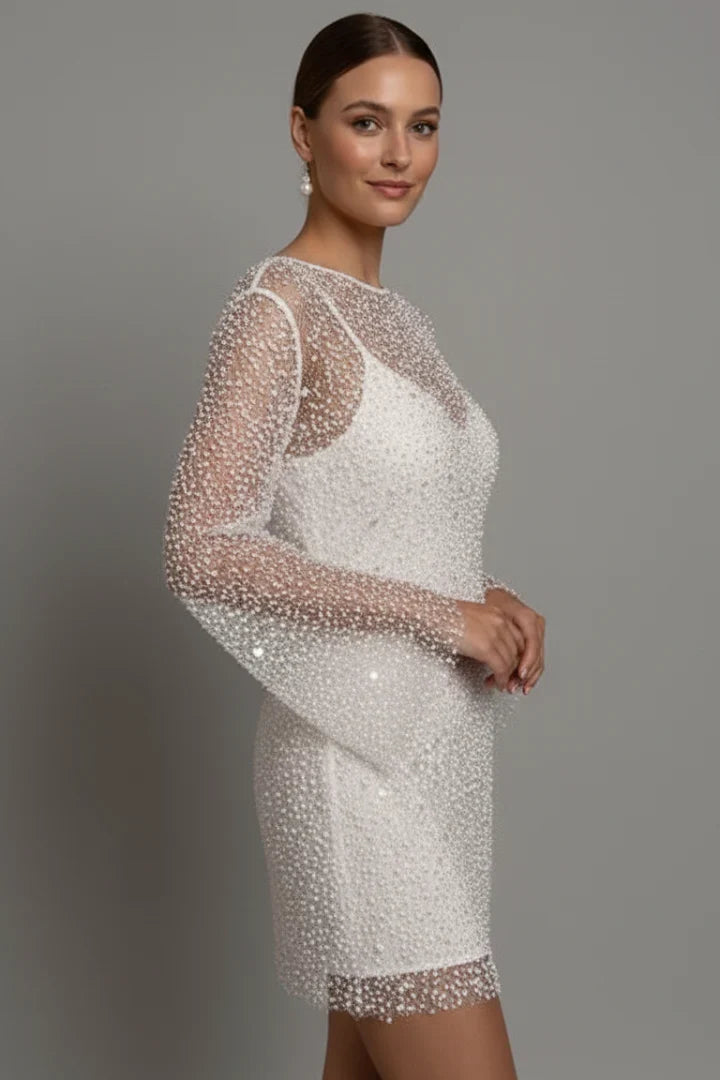 Nadia | Wedding Guest Dress Cocktail Mini Party Long Sleeve Mesh Overlay Sheer Round Neck