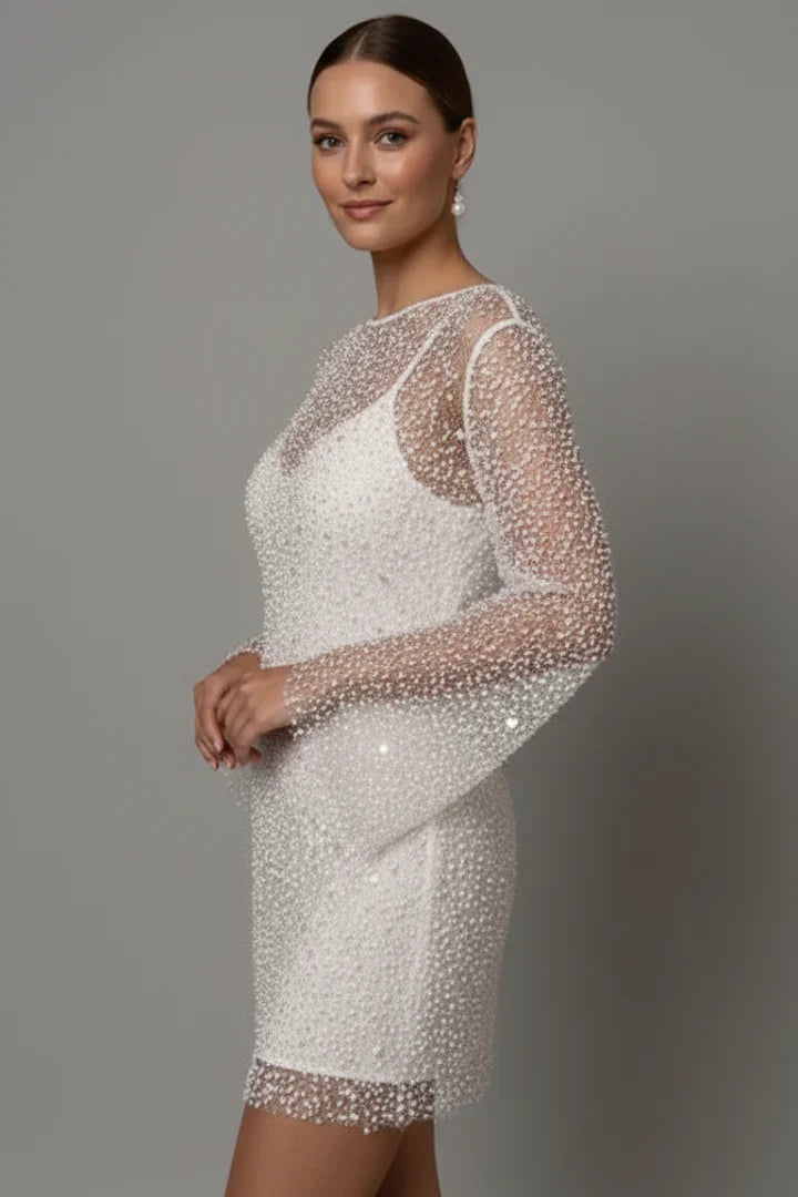 Nadia | Wedding Guest Dress Cocktail Mini Party Long Sleeve Mesh Overlay Sheer Round Neck