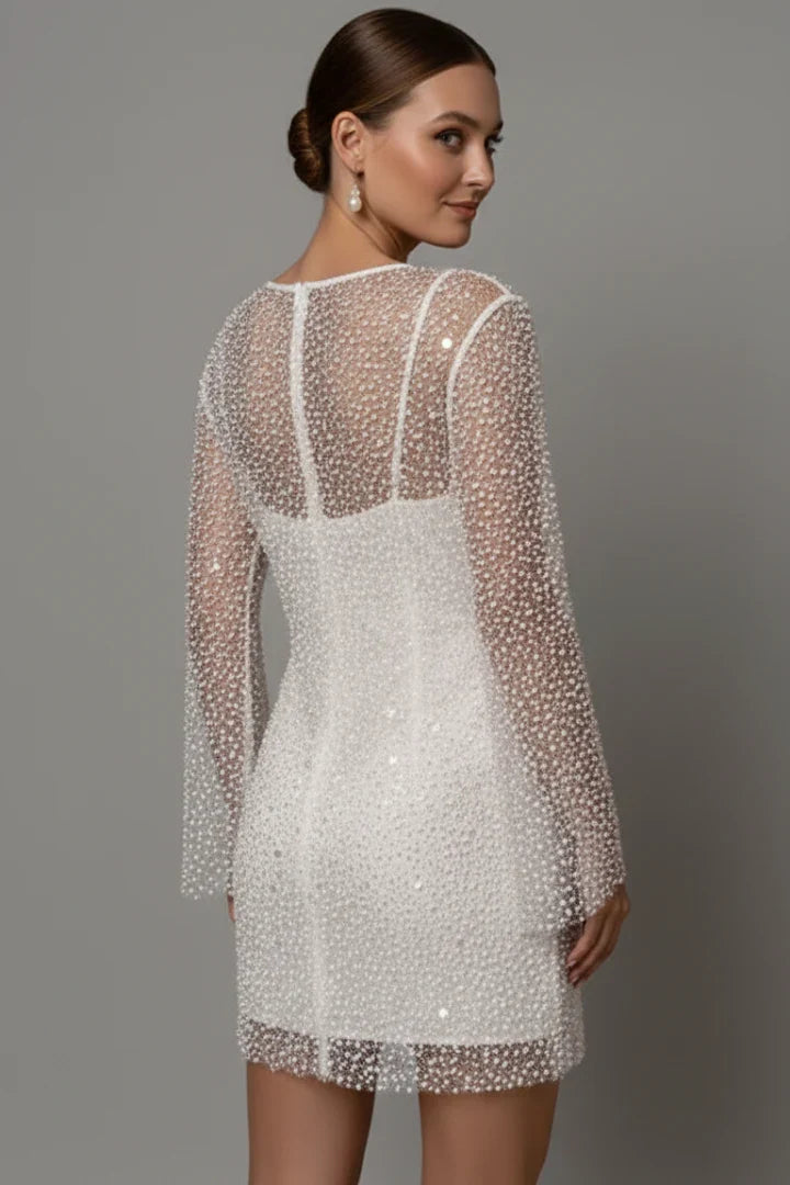 Nadia | Wedding Guest Dress Cocktail Mini Party Long Sleeve Mesh Overlay Sheer Round Neck