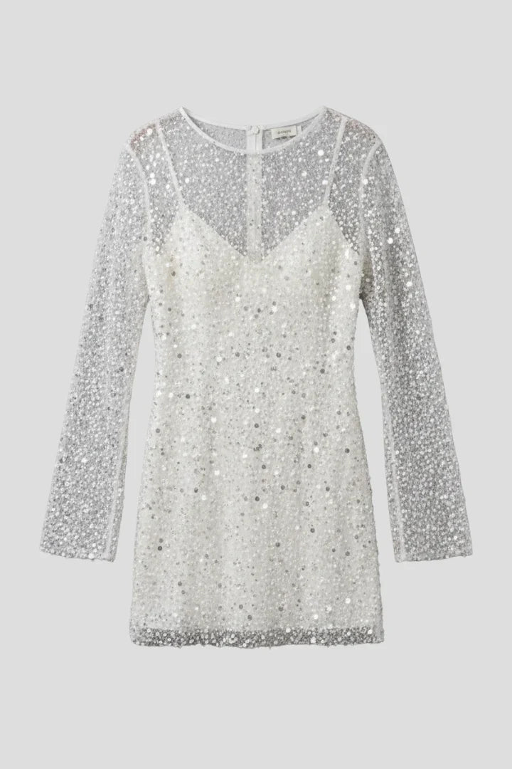 Nadia | Wedding Guest Dress Cocktail Mini Party Long Sleeve Mesh Overlay Sheer Round Neck