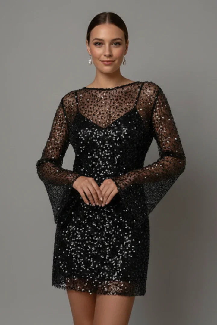 Nadia | Wedding Guest Dress Cocktail Mini Party Long Sleeve Mesh Overlay Sheer Round Neck