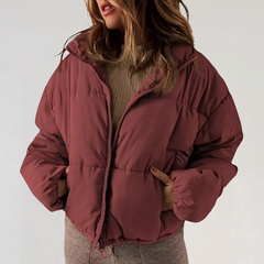 Dark red Emma high collar puffer jacket for women by Christine Brewer, featuring a stylish and warm winter jacket design.