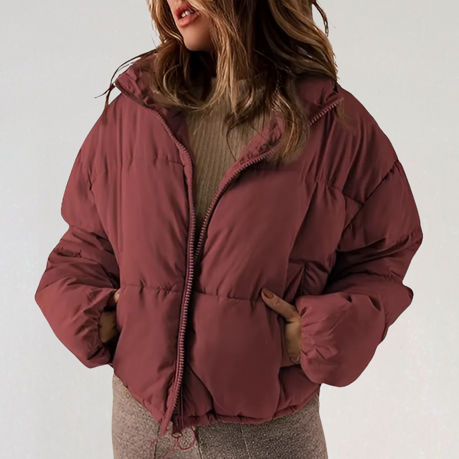 Dark red Emma high collar puffer jacket for women by Christine Brewer, featuring a stylish and warm winter jacket design.