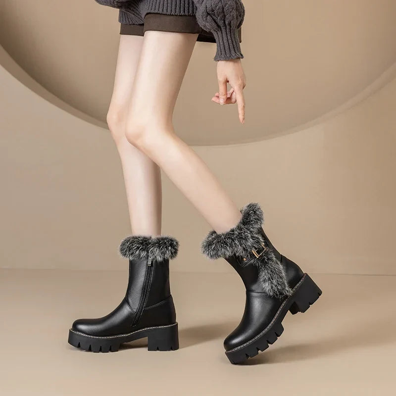 Stella1 | Winter Boots, Ankle Boots, Women, Faux Fur, Fur Trim, Side Zip, Block Heel,