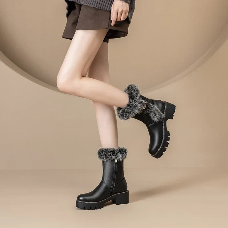 Stella1 | Winter Boots, Ankle Boots, Women, Faux Fur, Fur Trim, Side Zip, Block Heel,