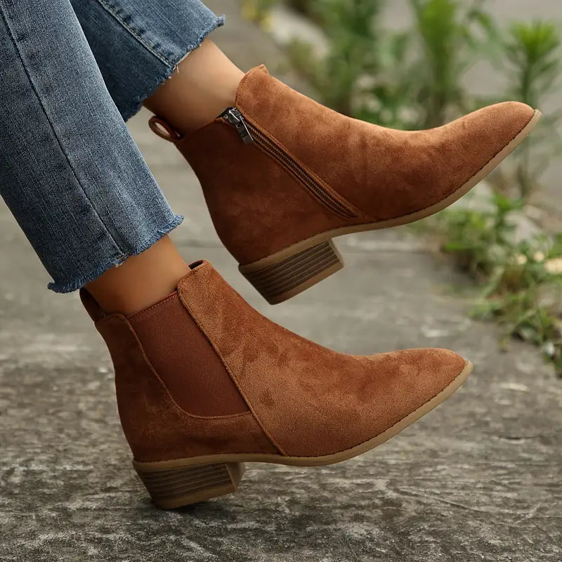 Violet1 | Chelsea Boots, Ankle Boots, Women, Suede, Side Zip, Pointed Toe, Block Heel, Winter,