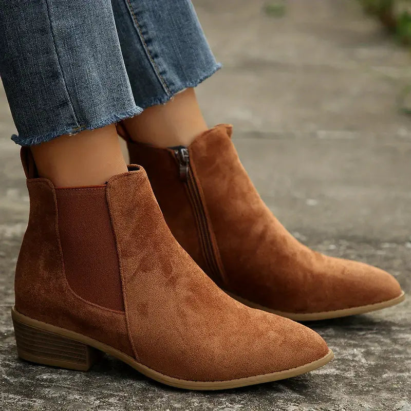 Violet1 | Chelsea Boots, Ankle Boots, Women, Suede, Side Zip, Pointed Toe, Block Heel, Winter,