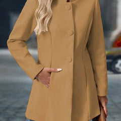 Women’s Sienna blazer coat with stand collar, button-front closure, and longline design by Christine Brewer.