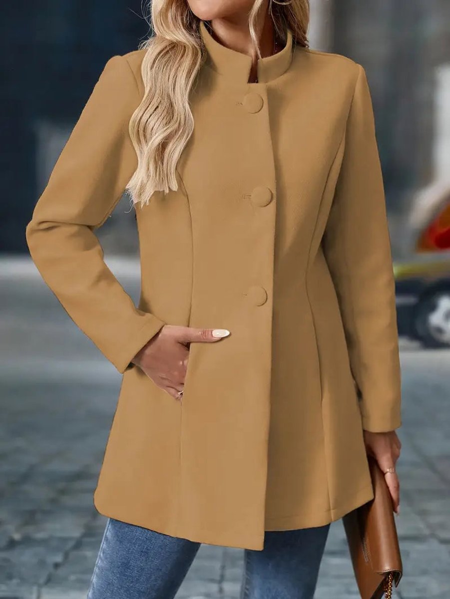 Women’s Sienna blazer coat with stand collar, button-front closure, and longline design by Christine Brewer.