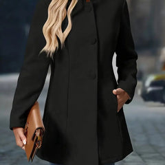 Women’s Sienna blazer coat by Christine Brewer with stand collar, button front, longline design, ideal for stylish office wear.