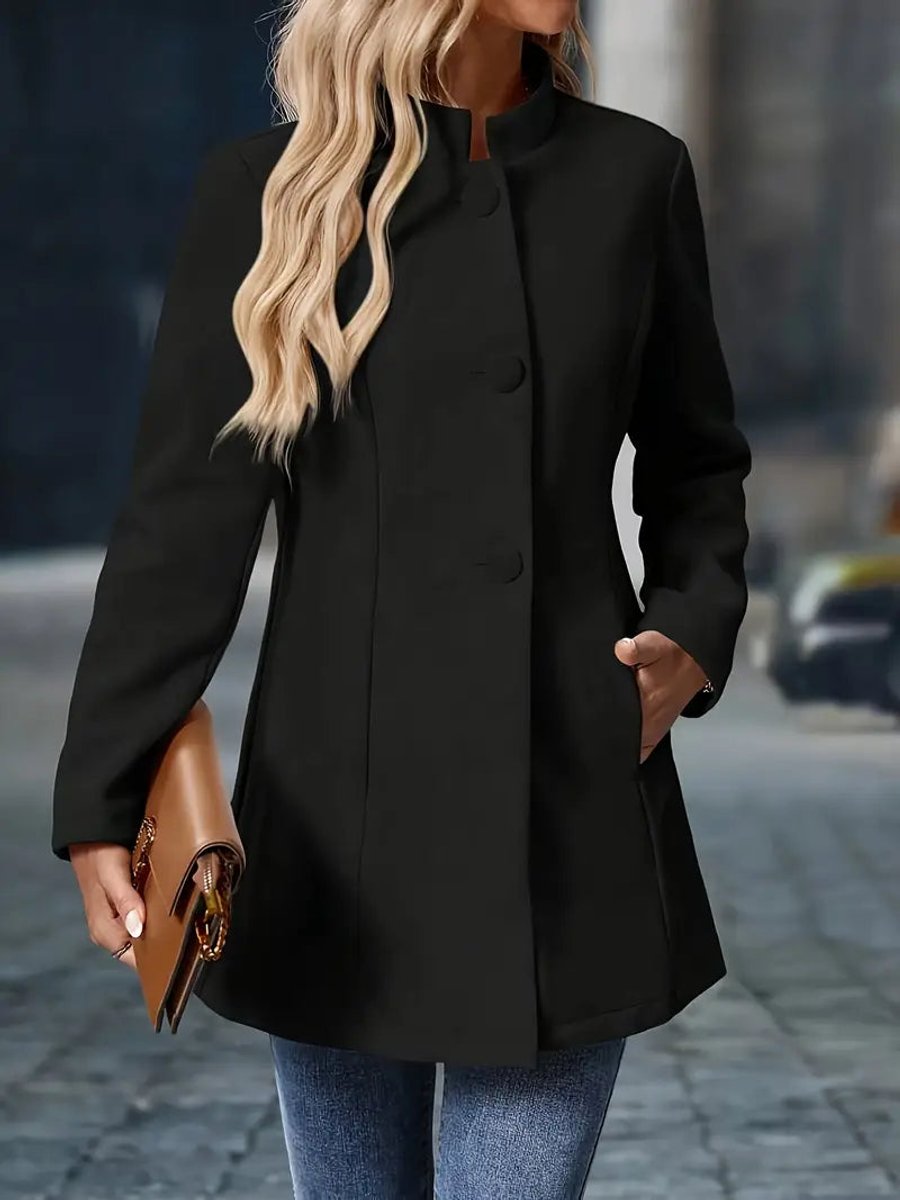 Women’s Sienna blazer coat by Christine Brewer with stand collar, button front, longline design, ideal for stylish office wear.