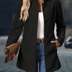 Women wearing the Sienna blazer coat by Christine Brewer featuring a stand collar, button front, and longline design.