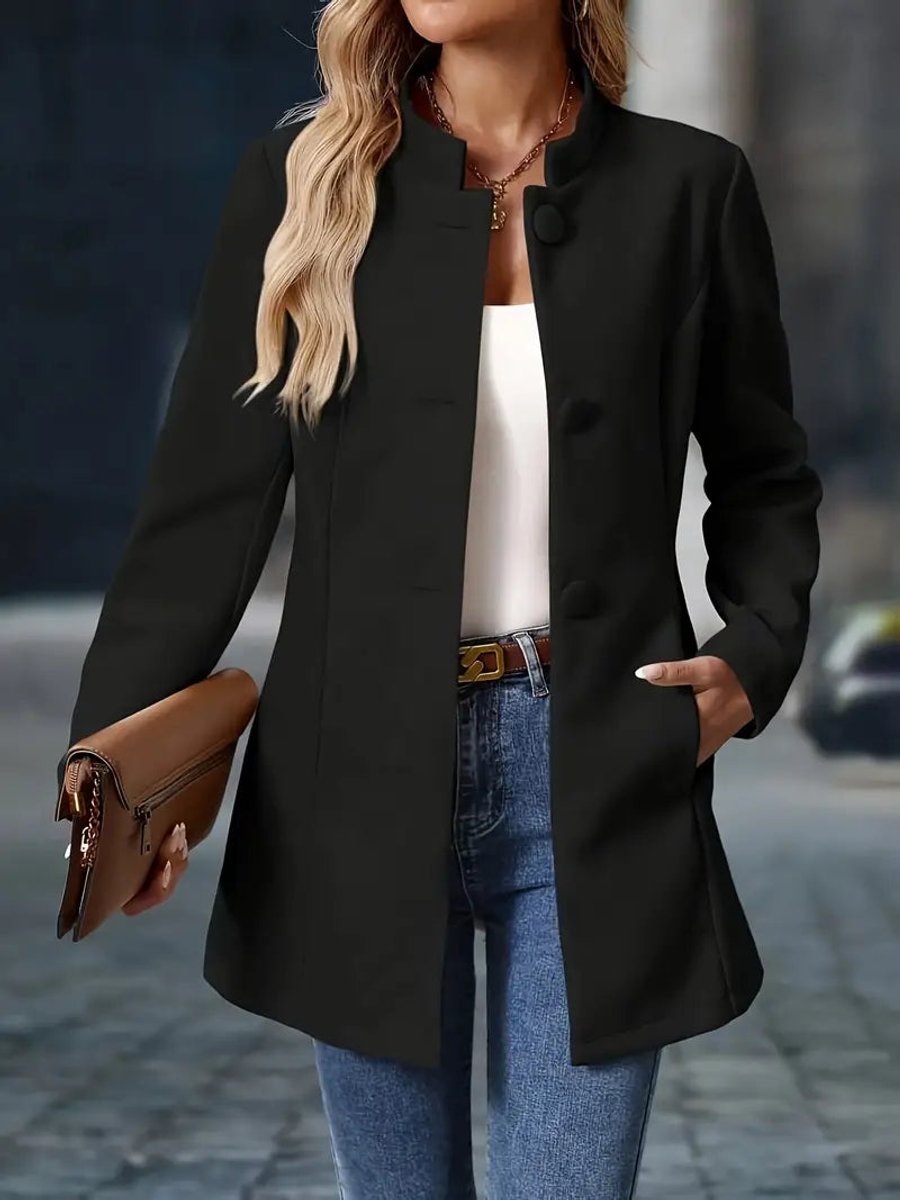 Women wearing the Sienna blazer coat by Christine Brewer featuring a stand collar, button front, and longline design.