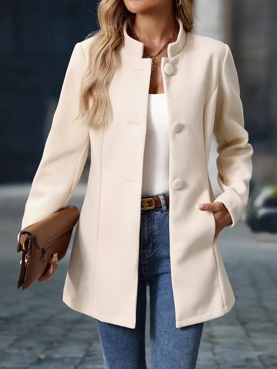 Women’s Sienna blazer coat by Christine Brewer with stand collar, button-front, longline design, perfect for stylish formal wear.