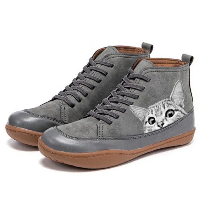 Cleo | Ankle Boots Combat Boots Women Winter Fall Lace Up Flat Cat Print Rubber