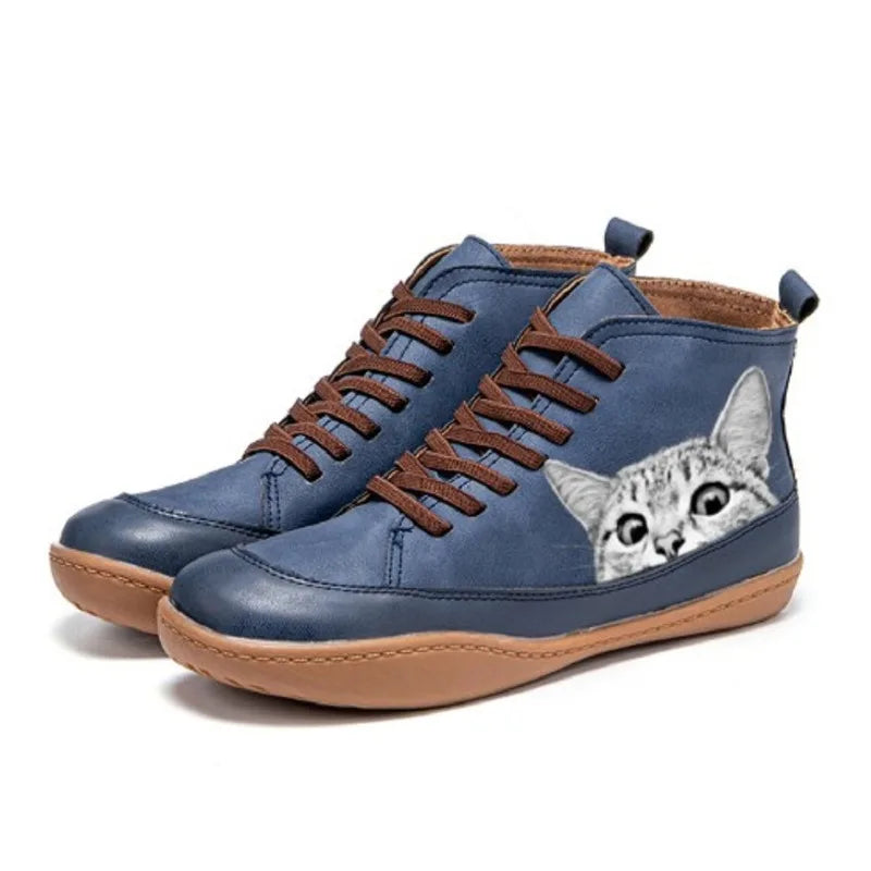 Cleo | Ankle Boots Combat Boots Women Winter Fall Lace Up Flat Cat Print Rubber