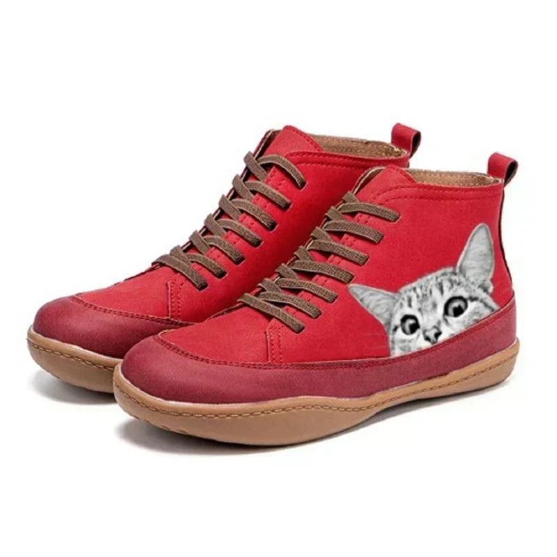 Cleo | Ankle Boots Combat Boots Women Winter Fall Lace Up Flat Cat Print Rubber