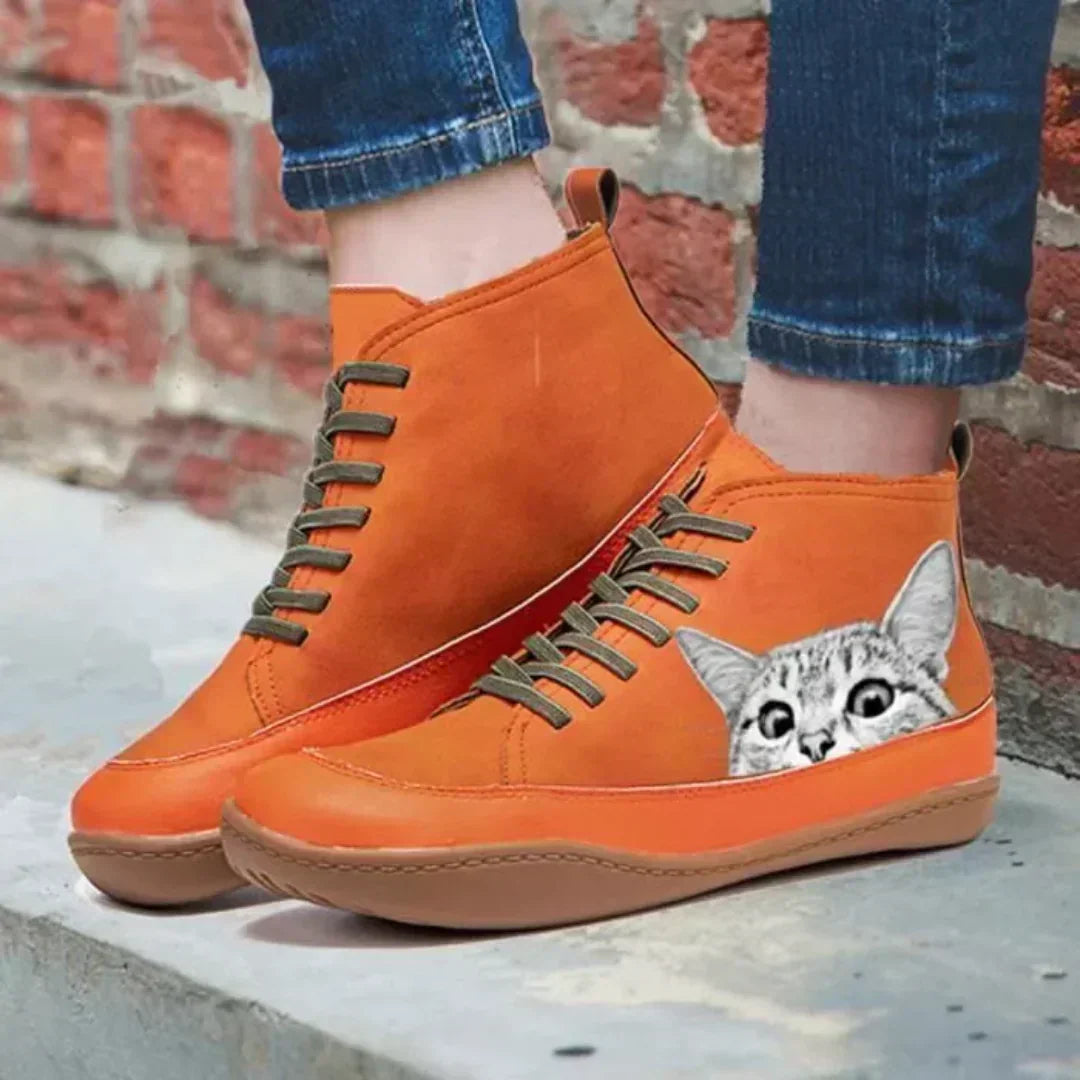 Cleo | Ankle Boots Combat Boots Women Winter Fall Lace Up Flat Cat Print Rubber