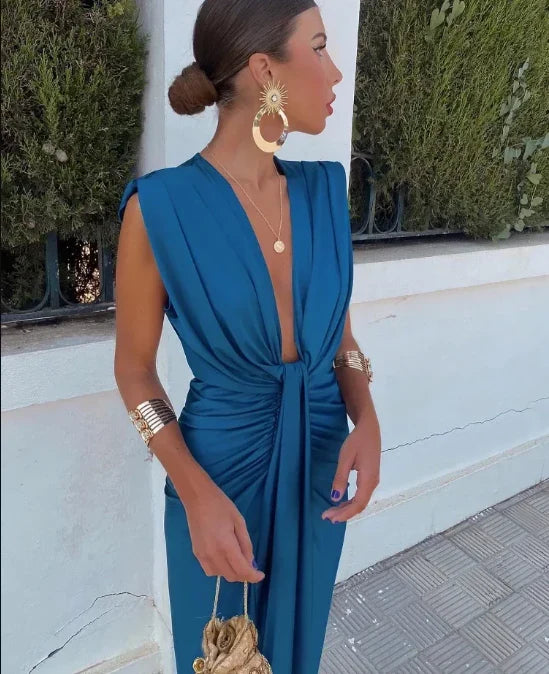 Talia | Bridesmaid Dress Wedding Guest Maxi Plunging V-Neck Draped Ruched Waist Front Slit Sleeveless