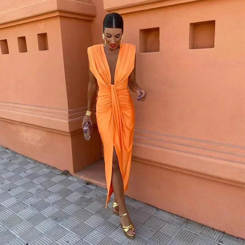 Talia | Bridesmaid Dress Wedding Guest Maxi Plunging V-Neck Draped Ruched Waist Front Slit Sleeveless