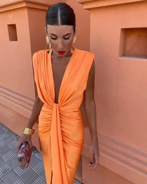 Talia | Bridesmaid Dress Wedding Guest Maxi Plunging V-Neck Draped Ruched Waist Front Slit Sleeveless