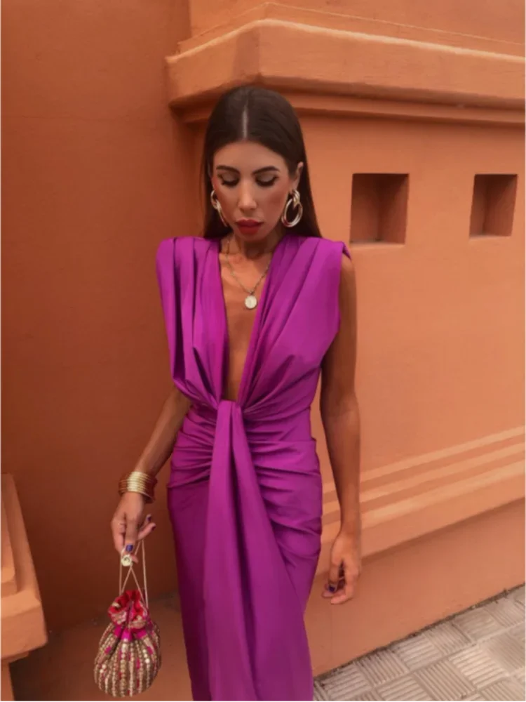 Talia | Bridesmaid Dress Wedding Guest Maxi Plunging V-Neck Draped Ruched Waist Front Slit Sleeveless