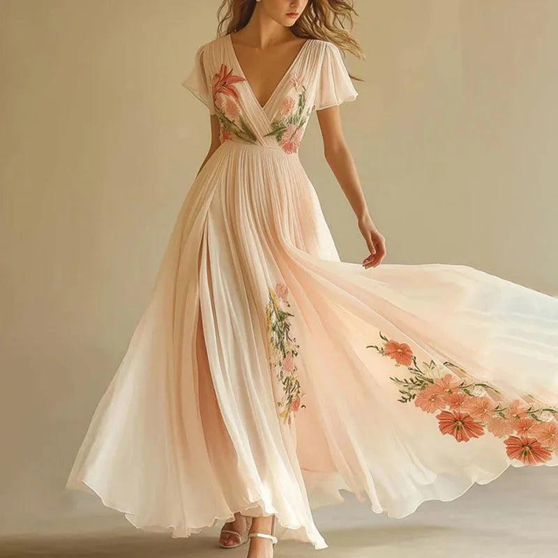 Abigail | Bridesmaid Dress Wedding Guest Maxi Floral V-Neck Short Sleeve Wrap Floor Length Formal