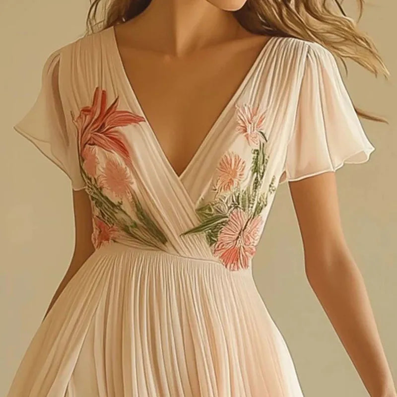Abigail | Bridesmaid Dress Wedding Guest Maxi Floral V-Neck Short Sleeve Wrap Floor Length Formal