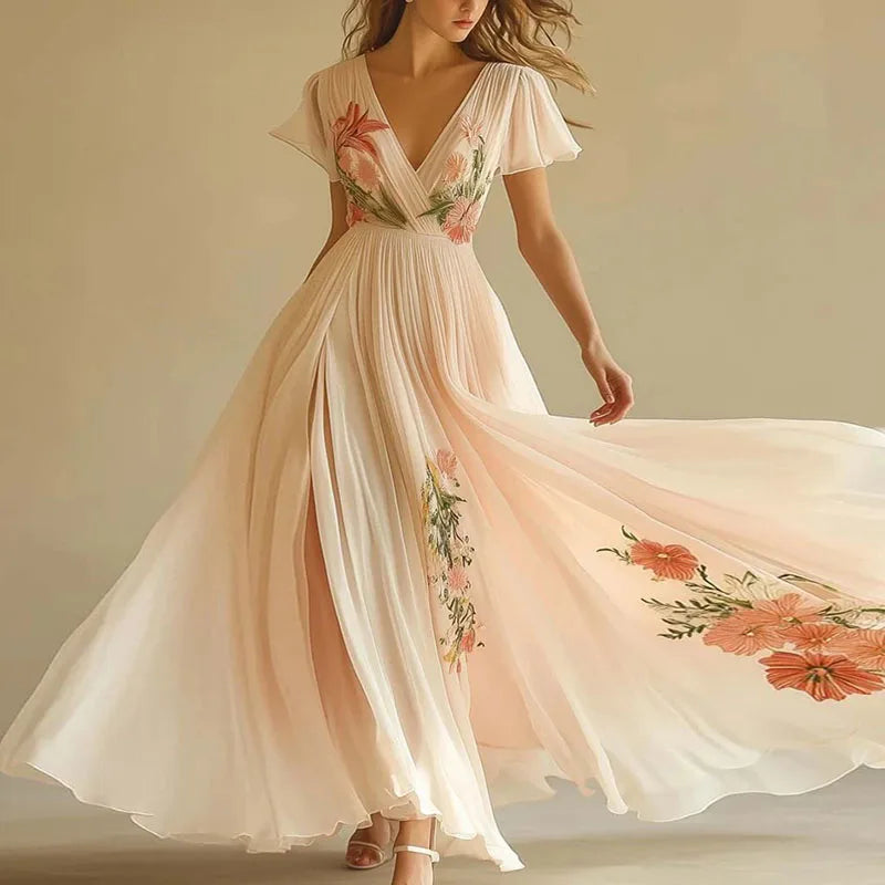 Abigail | Bridesmaid Dress Wedding Guest Maxi Floral V-Neck Short Sleeve Wrap Floor Length Formal