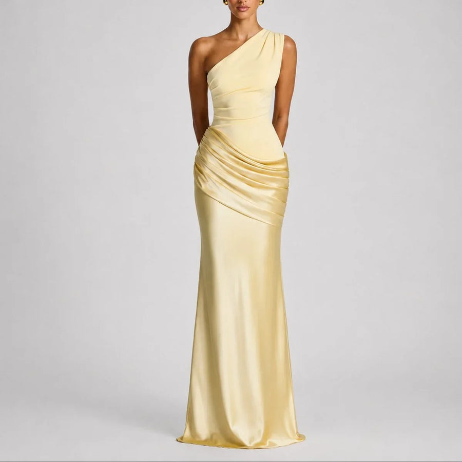 Selena | Bridesmaid Dress Maxi Dress Women Satin One Shoulder Ruched Draped Formal Evening Cocktail