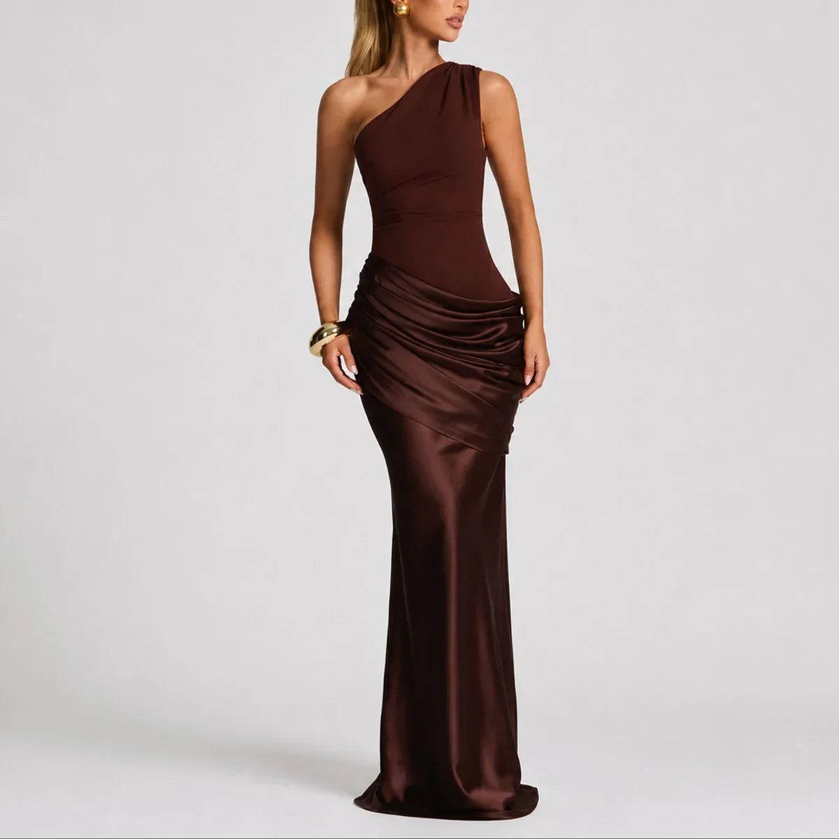Selena | Bridesmaid Dress Maxi Dress Women Satin One Shoulder Ruched Draped Formal Evening Cocktail