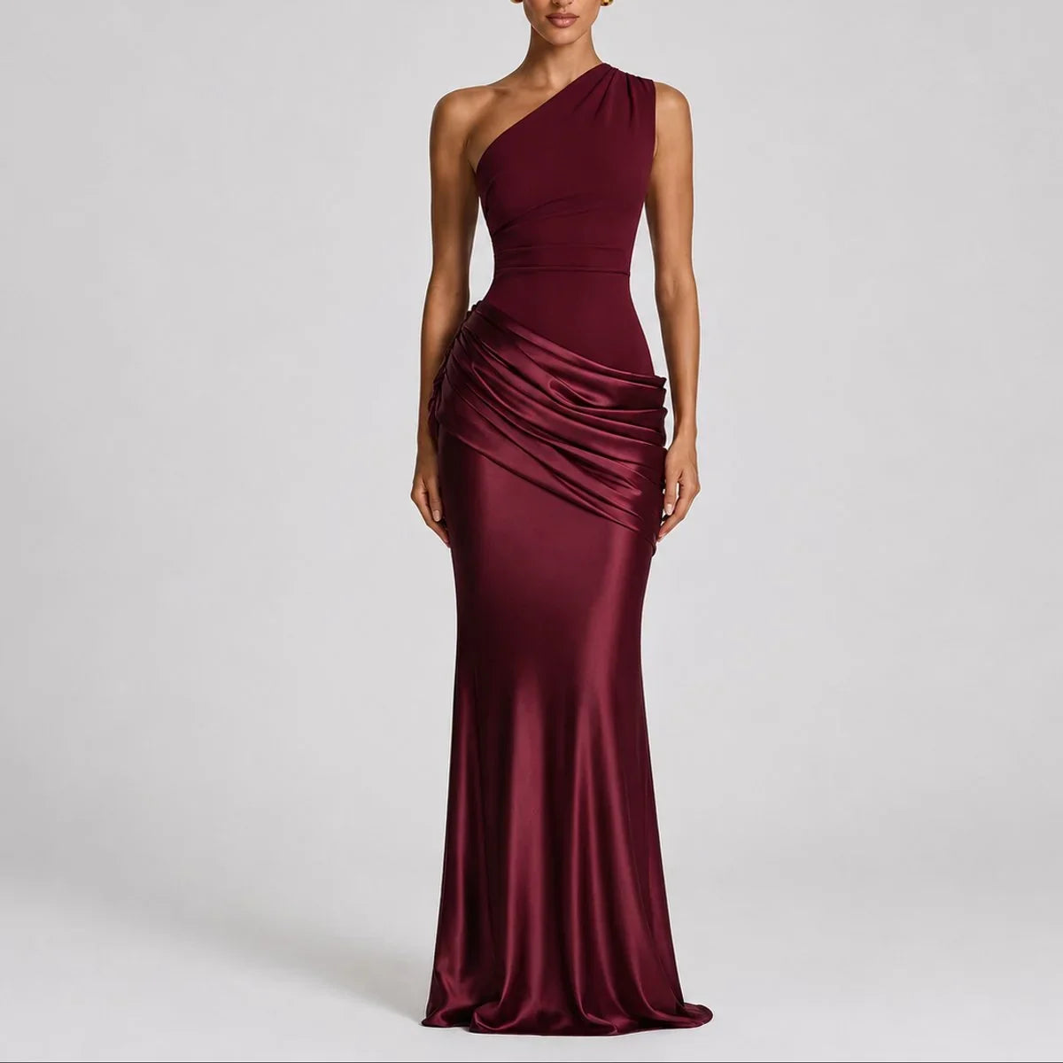 Selena | Bridesmaid Dress Maxi Dress Women Satin One Shoulder Ruched Draped Formal Evening Cocktail