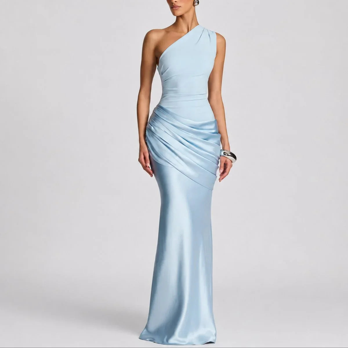 Selena | Bridesmaid Dress Maxi Dress Women Satin One Shoulder Ruched Draped Formal Evening Cocktail