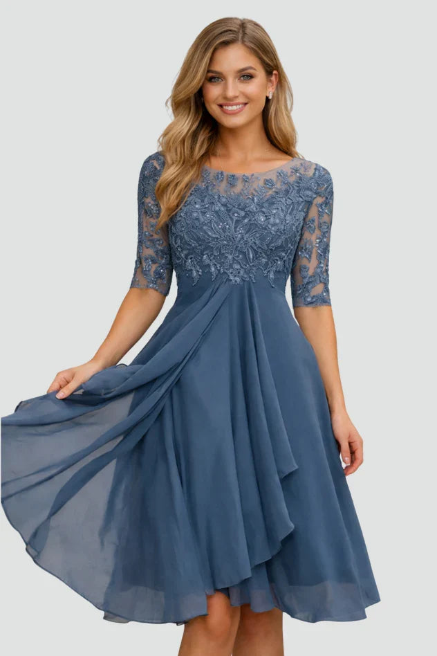 Selene | Bridesmaid Dress Wedding Guest Midi Lace Ruffle Hem Scoop Neck Beaded Formal Cocktail