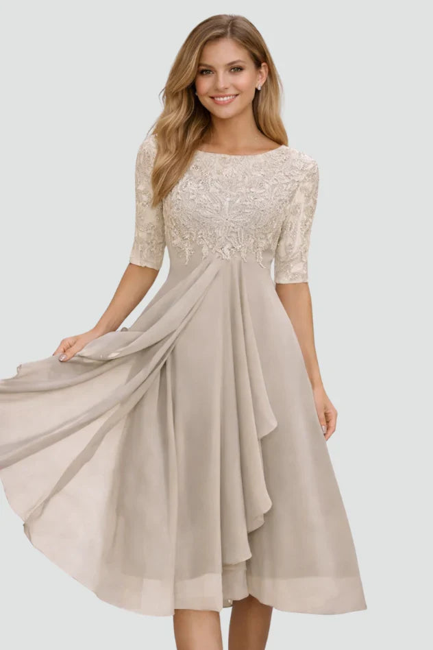 Selene | Bridesmaid Dress Wedding Guest Midi Lace Ruffle Hem Scoop Neck Beaded Formal Cocktail