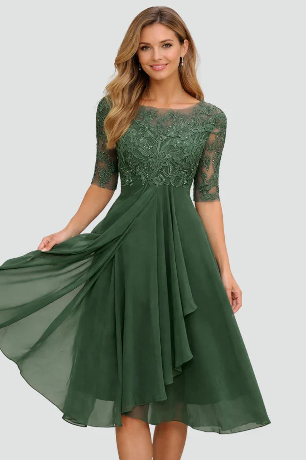 Selene | Bridesmaid Dress Wedding Guest Midi Lace Ruffle Hem Scoop Neck Beaded Formal Cocktail