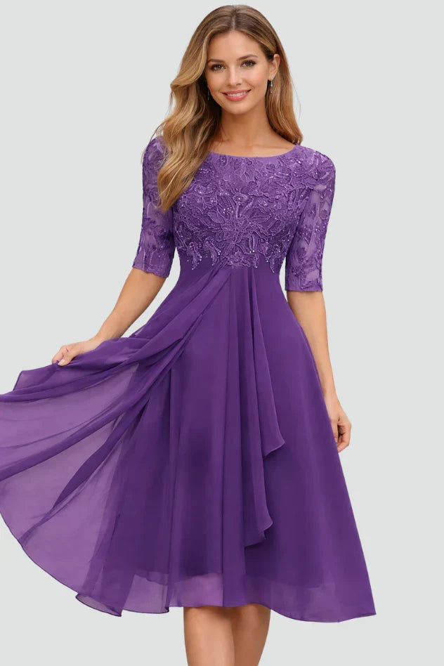 Selene | Bridesmaid Dress Wedding Guest Midi Lace Ruffle Hem Scoop Neck Beaded Formal Cocktail