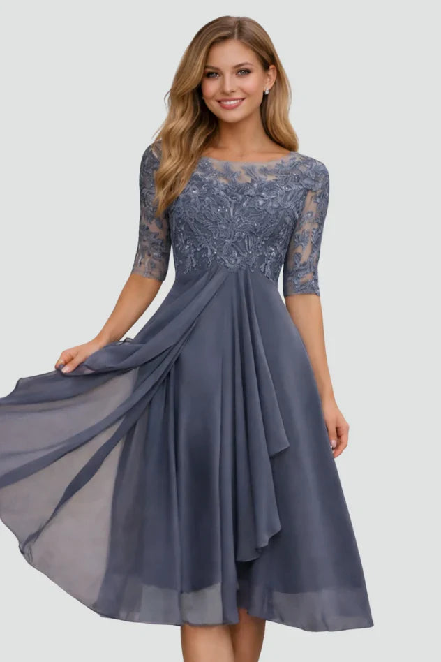 Selene | Bridesmaid Dress Wedding Guest Midi Lace Ruffle Hem Scoop Neck Beaded Formal Cocktail