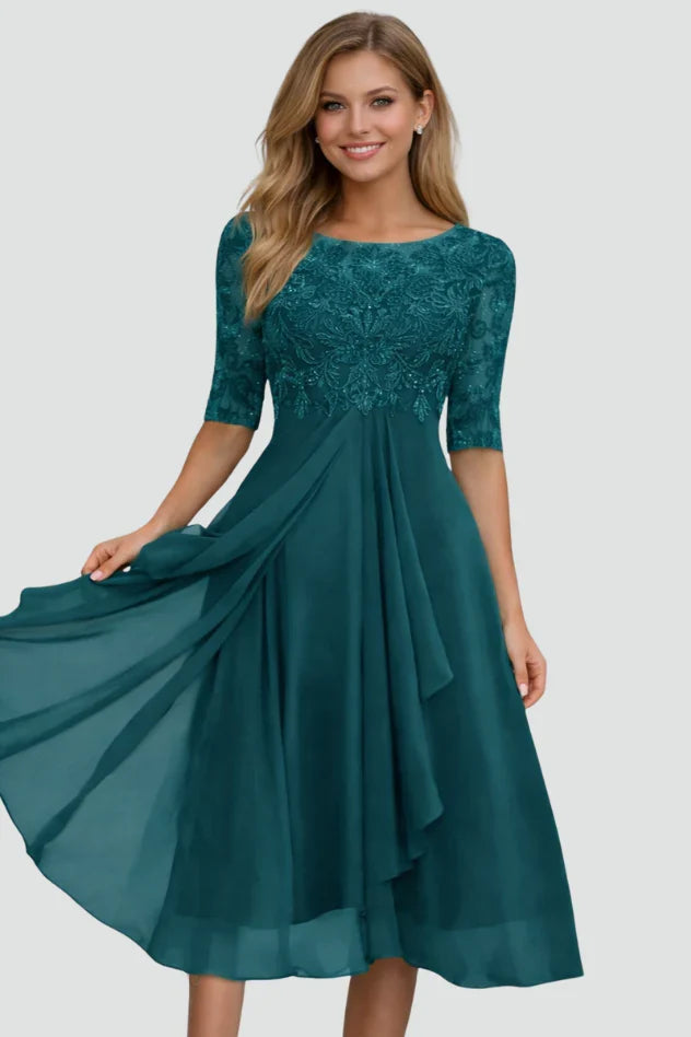 Selene | Bridesmaid Dress Wedding Guest Midi Lace Ruffle Hem Scoop Neck Beaded Formal Cocktail