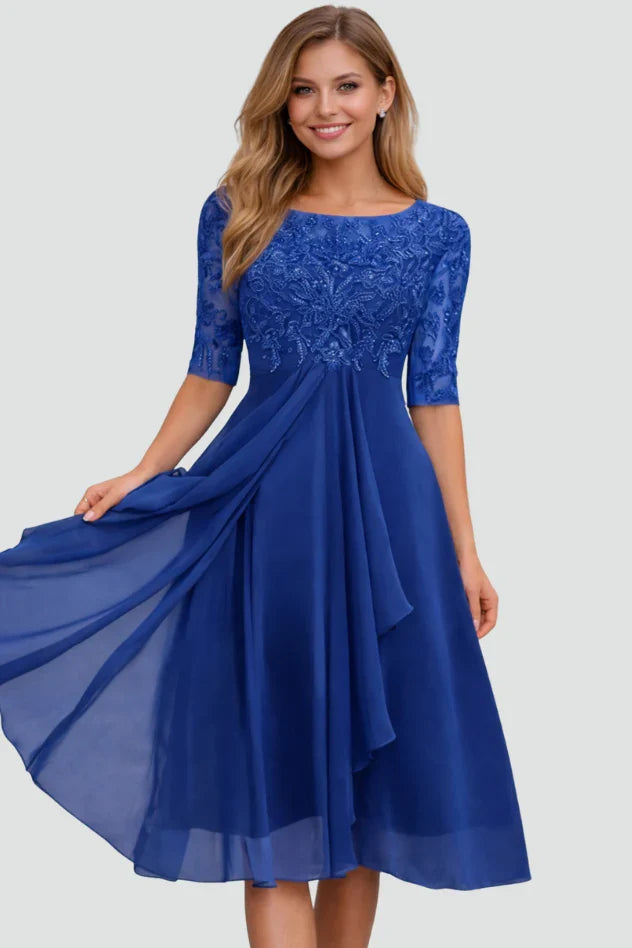 Selene | Bridesmaid Dress Wedding Guest Midi Lace Ruffle Hem Scoop Neck Beaded Formal Cocktail