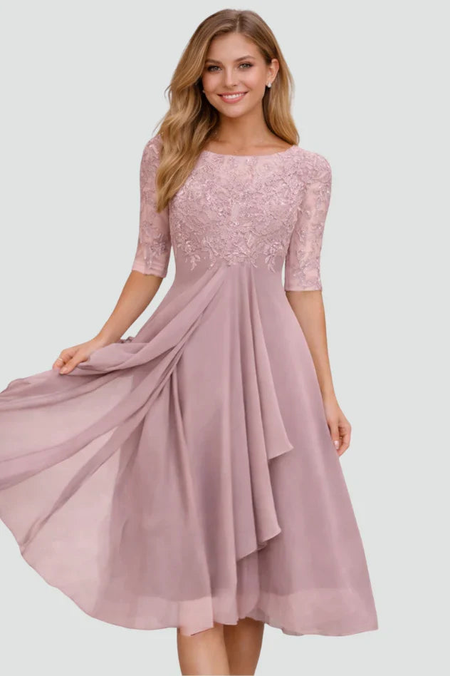 Selene | Bridesmaid Dress Wedding Guest Midi Lace Ruffle Hem Scoop Neck Beaded Formal Cocktail