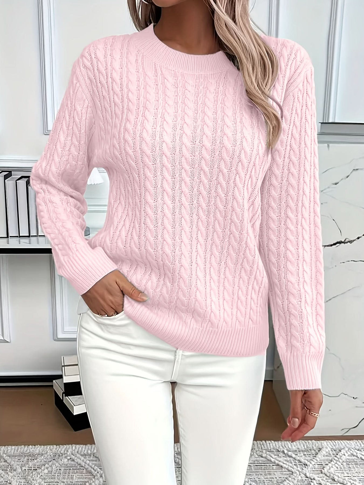 Raya | Cable Knit Sweater Crew Neck Pullover Women Winter Warm Long Sleeve Ribbed Knit
