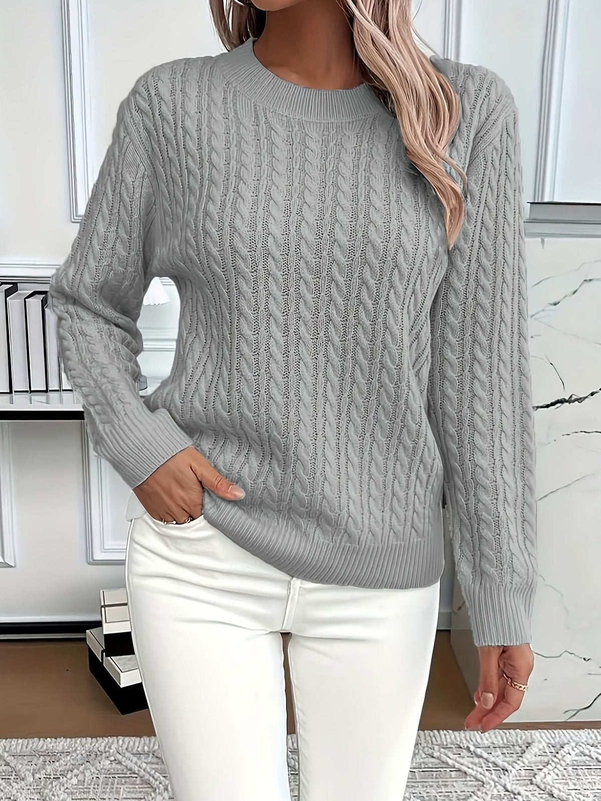 Raya | Cable Knit Sweater Crew Neck Pullover Women Winter Warm Long Sleeve Ribbed Knit