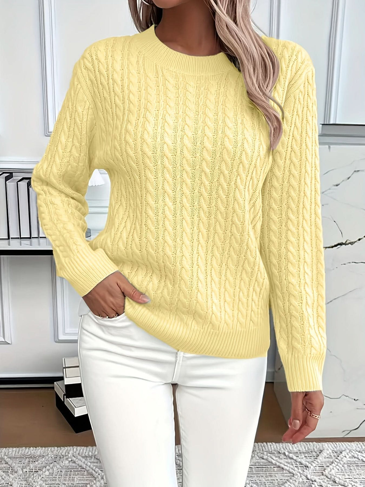 Raya | Cable Knit Sweater Crew Neck Pullover Women Winter Warm Long Sleeve Ribbed Knit