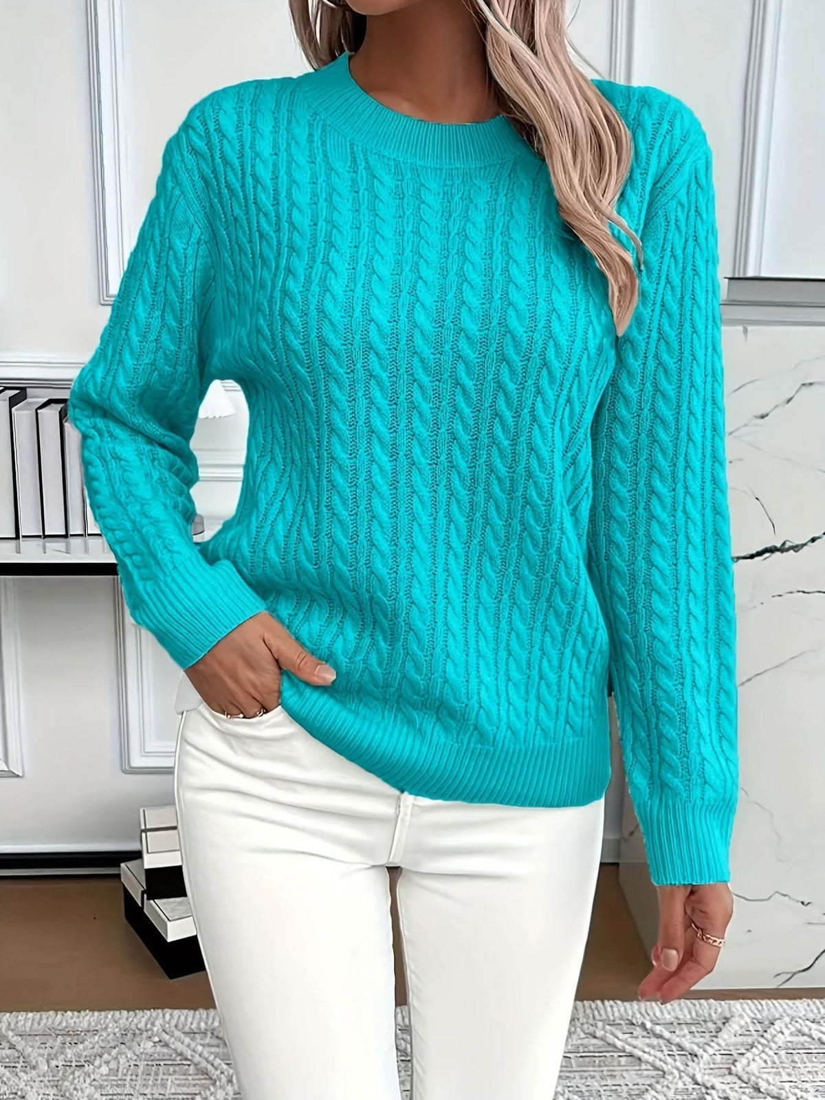 Raya | Cable Knit Sweater Crew Neck Pullover Women Winter Warm Long Sleeve Ribbed Knit