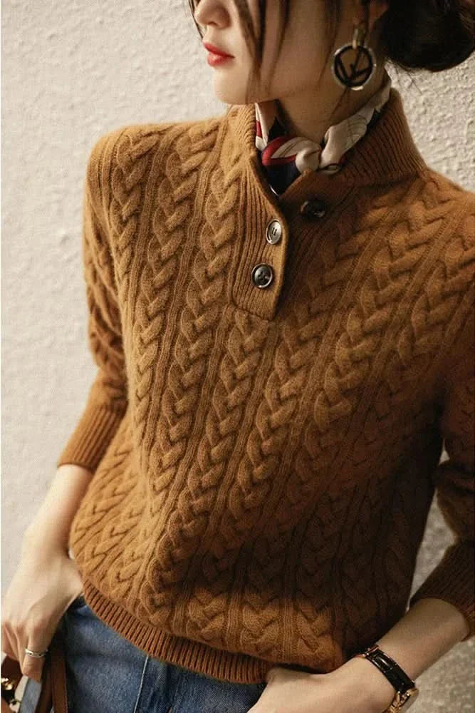 Julia | Cable Knit Sweater High Neck Button Front Pullover Women Winter Warm Long Sleeve